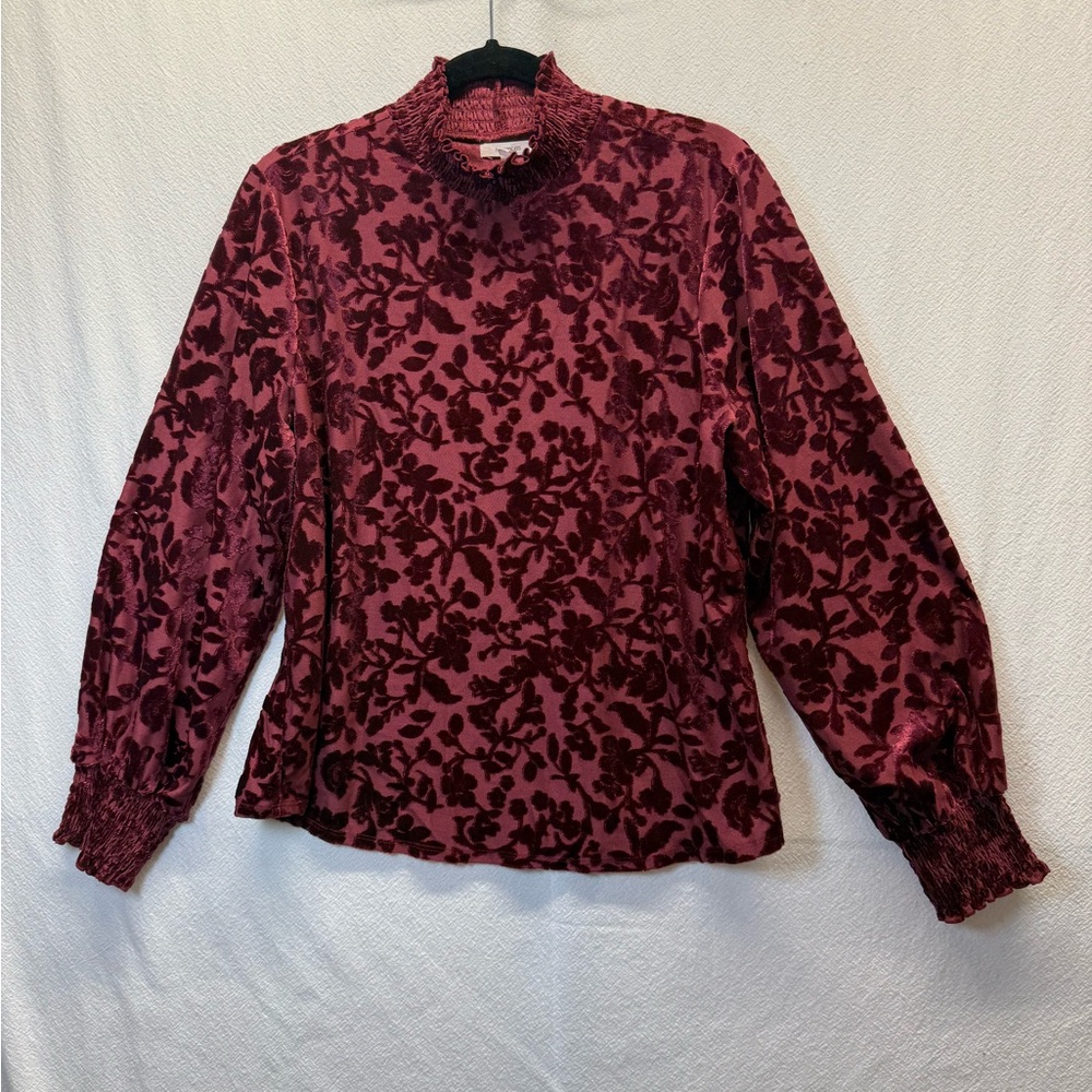 Whimsy Goth Merlot Red Burnout Velvet Mock Neck Top Long Poet Sleeves Witchy XL